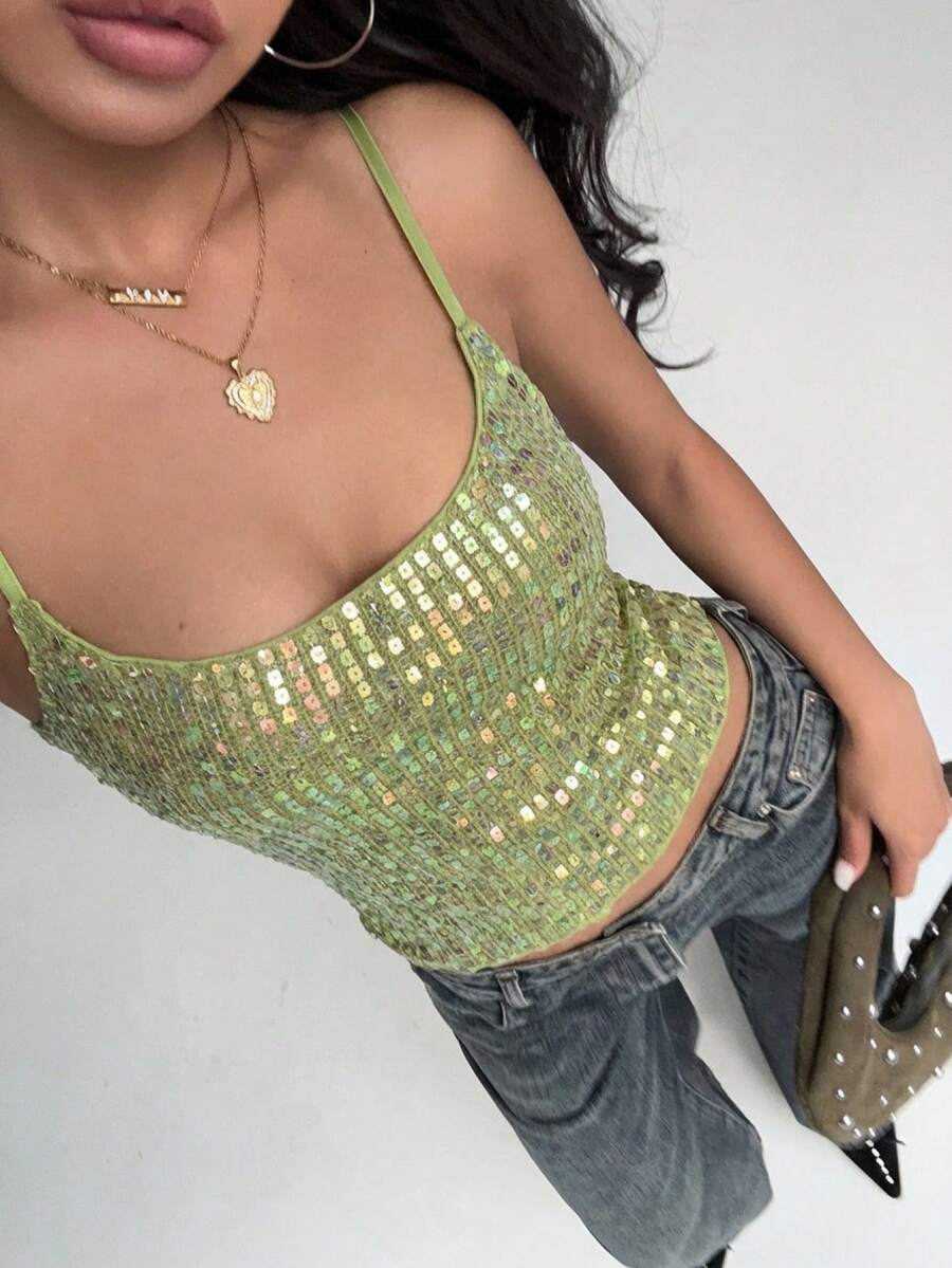 Aloruh Áo hai dây gợi cảm phối ren và sequin mới dành cho nữ, phong cách đường phố. - xanh quân đội - Xem 1