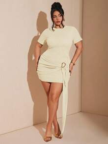 SHEIN BAE Vestido de manga corta marrón con botones de metal dorado para mujer de talla grande, vestido de playa y vacaciones de verano - Albaricoque - Ver 4