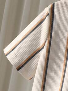 SHEIN 2pcs Young BoyTextured Stripe Knit Shirt And Shorts Set - Apricot - View 5