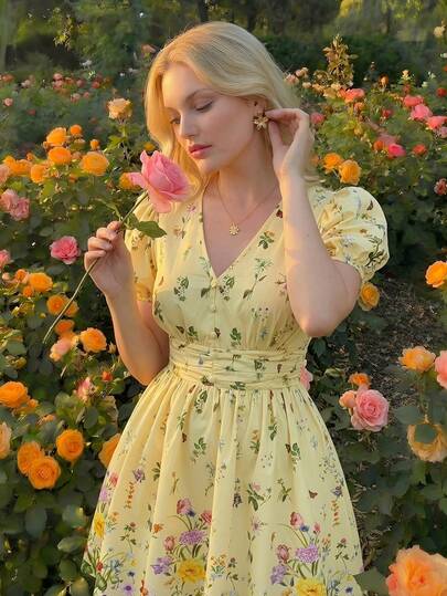 SHEIN MOD Plus Size Yellow Ditsy Floral Shirt Dress, Romantic Vacation Wear, Countryside Outing Outfit, Spring/Summer .Casual And Suitable For Everyday Wear, Perfect For Spring And Summer. Also Suitable For Valentine's Day, Dates, Carnivals, Beaches, Wedding Guests, Bridesmaids, Elegant Parties, Vacations, And More. A Stunning And Unique Pale Yellow Dress With A Spaghetti Strap Design, Perfect For Tea Parties