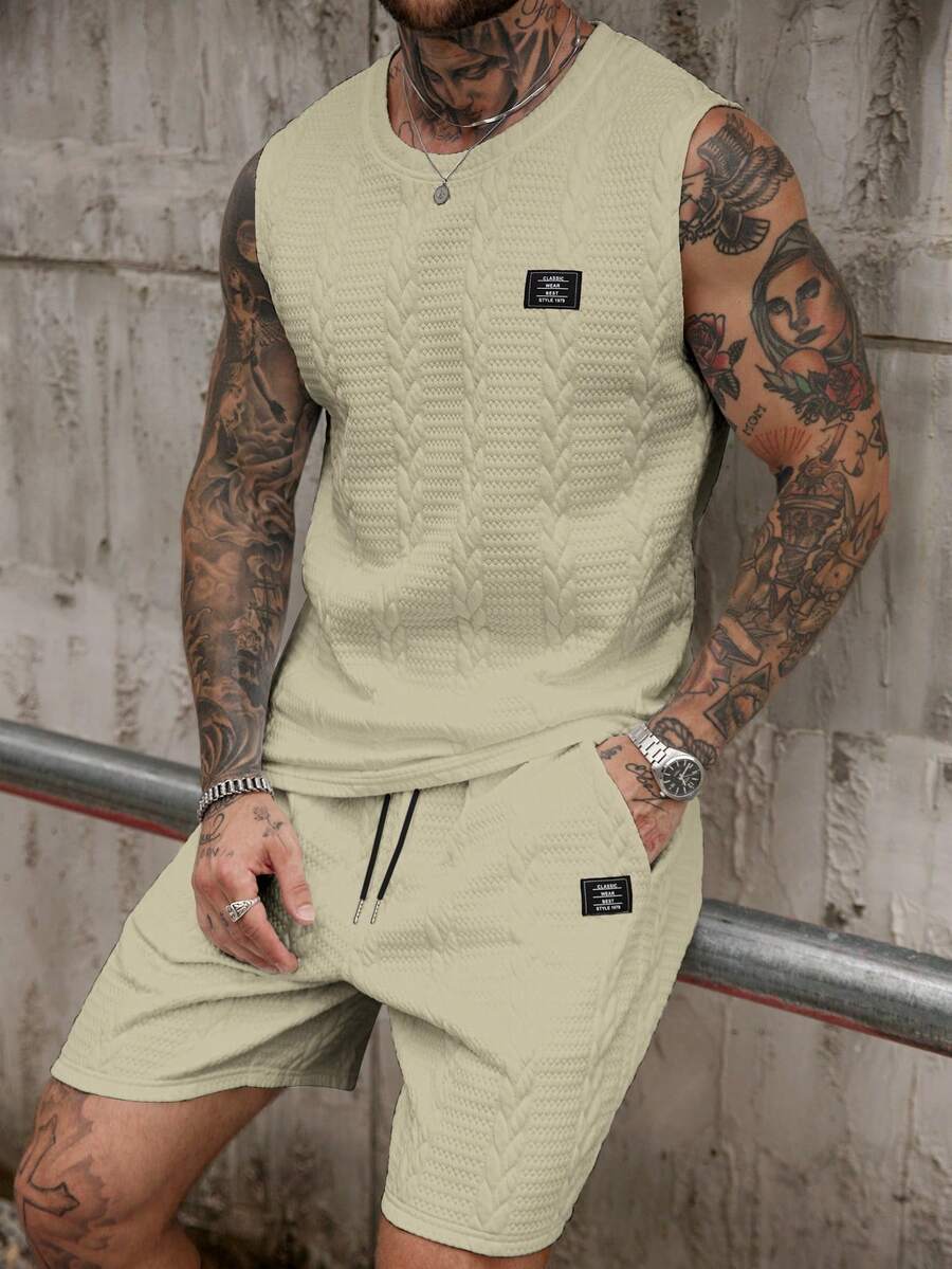 Manfinity Homme Conjunto informal de dos piezas de chaleco y pantalones cortos de punto para hombre - Caqui - Ver 1