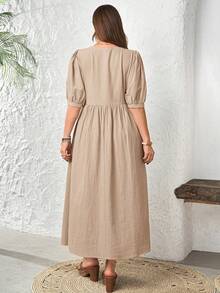EMERY ROSE Plus Size Women's Casual Round Neck Short Sleeve Long Dress, Beige Flowy Boho Beach Holiday Outfits,Spring/Summer Sommar Vacation Dress - Apricot - View 3