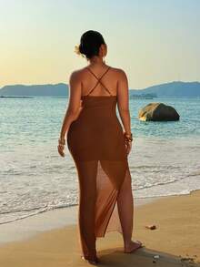 Sunnyshic Plus Size Women's Brown Mesh Beach Dress, Sexy Vacation Wear For Summer - Brown - View 3