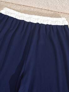 Teenage Girls' Casual Navy Sport Set,Summer Graduation Back-To-School Outfit,Polo Collar Contrast Stitching Top&Wide Leg Drawstring Pants,2pcs Outfit - Multicolor - View 11