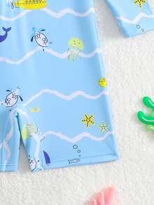 SHEIN Blue Summer Cute Vacation Holiday Infant Baby BoyWhale Print Long Sleeve Rash Guard One-Piece Swimsuit With Sun Hat 2pcs Set,Quick-Drying Swimwear - Blue - View 4