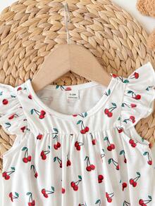 SHEIN 新生女宝宝可爱夏季休闲碎花连体衣，带荷叶袖 - 紅色 - 查看 3