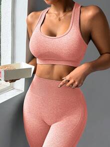 SHEIN Sports 女士纯色露脐背心和紧身裤运动套装 - 泡泡糖粉 - 查看 4