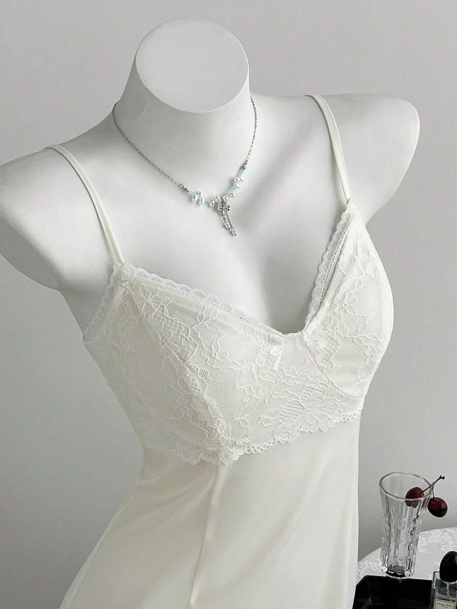 Elamini Women's V-Neck Lace Patchwork Waist Fitted Bodycon Dress - Apricot - View 1