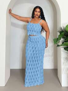 Veslaya Ensemble 2025 nouveau top court sans manches évidé sexy/vacances/élégant et jupe maxi moulante - Bleu ciel - Voir 5