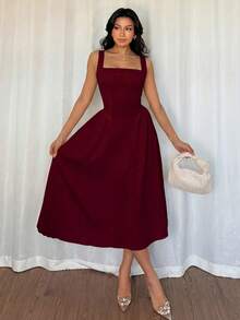 Modelyn 夏季优雅方领收腰蝴蝶装饰露背无袖A字连衣裙 - 酒紅色 - 查看 3