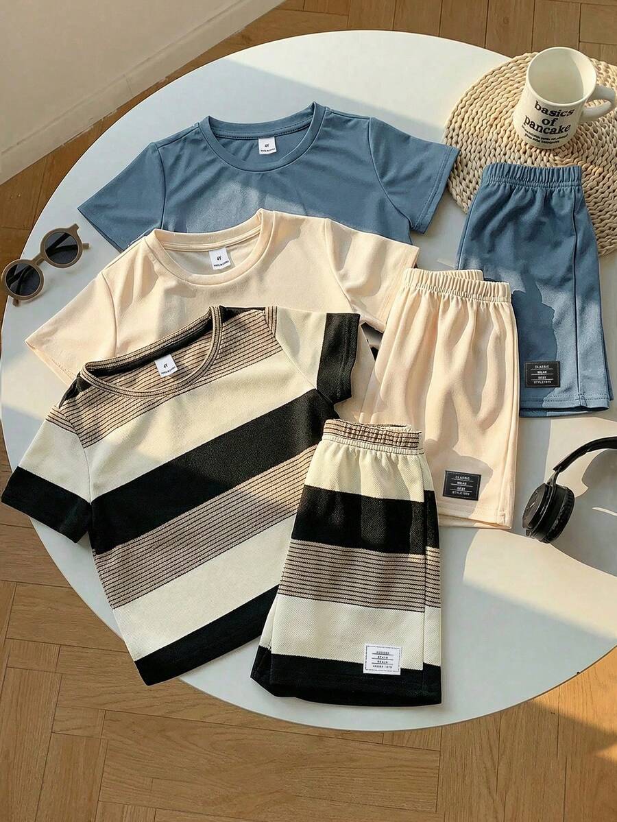 SHEIN 6件組兒童夏季服飾小男孩舒適休閒風圓領短袖條紋T恤上衣織標裝飾短褲2件套 超高CP值多件套 適合外出、街拍、派對、居家與日常穿著