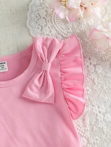 SHEIN 2件組少女優雅休閒度假日常穿搭蝴蝶結荷葉袖上衣與短褲套裝，適合四季日常戶外活動 - 彩色 - 查看 5