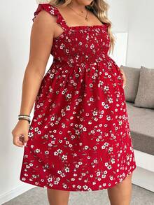 Plussiva Plus Size Maternity Summer Vacation Ditsy Floral Loose Dress Vacation Outfits Red Dress  Floral Dress - Red - View 6