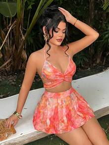 SHEIN SXY 女士全印花露背上衣和迷你裙性感两件套 - 粉色 - 查看 3