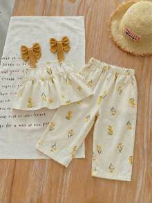 SHEIN LMoss Kids LMoss 女婴夏季可爱条纹吊带背心和松紧腰裤，格子图案套装夏季两件套，夏季套装 - 彩色 - 查看 2