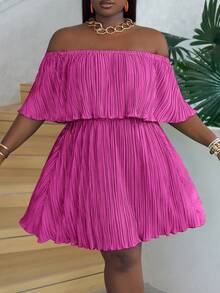 Slaydiva Off-Shoulder Ruffled Neckline Loose Green Dress In Pleated Fabric - Red Violet - View 7
