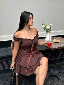 Sunnyshic Fashionable Sexy Vintage Off-Shoulder Ruched Waist Cute Dress Date Night Brown Summer - Brown - View 5