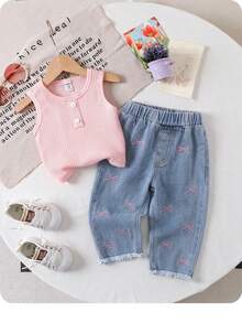 Baby Girl Solid Color Ribbed Tank Top And Bow Embroidered Denim Pants Set - Pink - View 5