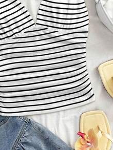Soleia Women's Elegant Black And White Striped Camisole,Ruched Knot Summer Top,Casual Vacation Print For Beach,Cruise,Boho Holiday,Music Festival - Multicolor - View 4