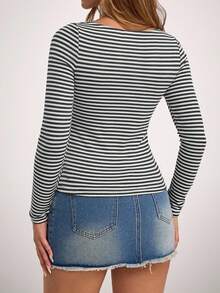 SHEIN Forever 21 Camiseta casual de mujer de cuello de barco a rayas de manga larga y ajustada - Gris - Ver 2