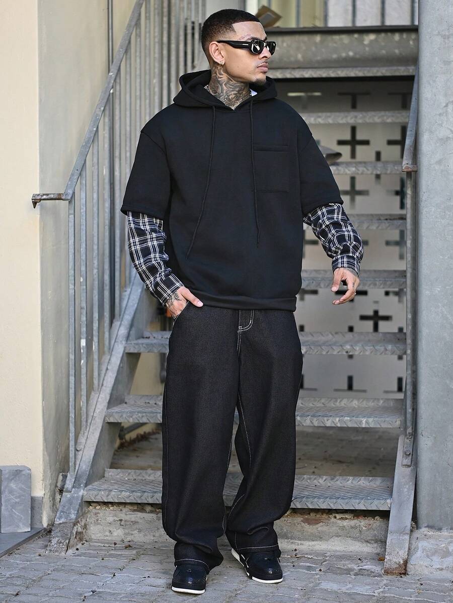 Devon Thys 男士字母印花口袋宽松阔腿休闲牛仔裤 - 黑色 - 查看 1