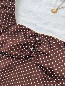 SHEIN 青少年女孩棕色復古抓皺A字領上衣，休閒校園風白色波點上衣，可愛夏季上衣 - 棕色 - 查看 3