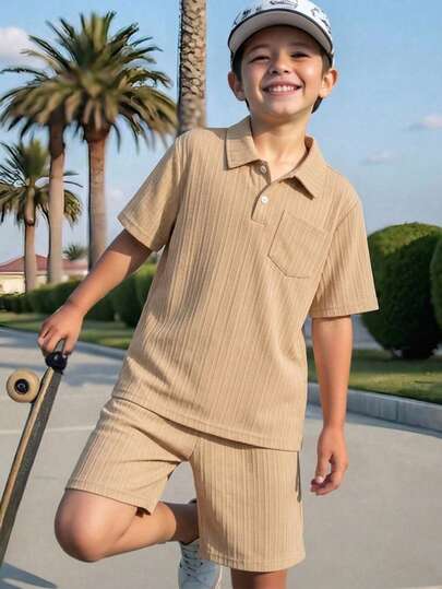 SHEIN 2 piezas Conjunto informal de niño preadolescente con camisa polo de manga corta de unicolor holgada y pantalones cortos, adecuado para ir y venir, la escuela, el uso casual diario, deportes, primavera/verano