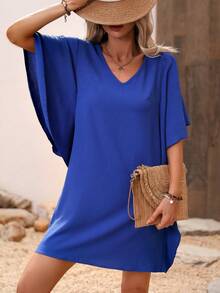 LanaWest Vestido casual minimalista suelto con cuello en V y dobladillo con volantes de unicolor - azul real - Ver 6