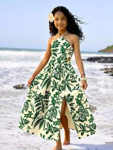 Sparklyn Tween Girl All-Over Print Slit Halter Casual Vacation Sleeveless Dress - Green - View 4