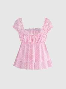 ROMWE Avant Women's Retro French Romantic Vacation Style Polka Dot Contrast Color Print Smock T-Shirt With Ribbon Decor - Pink - View 2