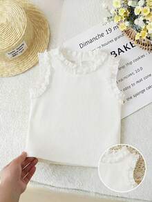 SHEIN Baby Girl Solid Color Frill Trim Round Neck Ribbed Tank Top - White - View 2