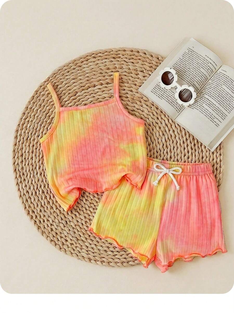 Babygirl Tie-Dye Knit Casual & Vacation Outfit Set 2 Piece Set Summer Girl Tie Dye Toddler Set Ribbed Two Piece Short Set - Coral Orange - View 1