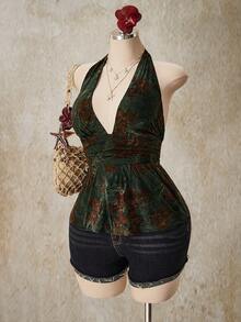 SHEIN ICON Camiseta sin espalda con lunares, estilo retro Y2K, con cuello en V, cintura ceñida y línea A, para tallas grandes. Camiseta de tirantes con lunares y escote halter, estilo babydoll con espalda descubierta. - Verde - View 5