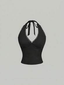 MOD Blusa de cuello halter de unicolor con encaje de contraste para mujer - Blanco - Ver 10