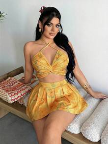 SHEIN SXY Bộ đồ 2 món gợi cảm dành cho nữ: Áo hai dây buộc cổ và chân váy ngắn in hoa. - Màu vàng - Xem 7