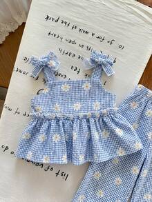 SHEIN LMoss Kids LMoss 女婴夏季可爱条纹吊带背心和松紧腰裤两件套 - 彩色 - 查看 5