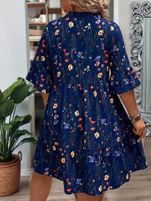 Linhara CURVE 大码女式夏季枝叶花卉V领荷叶边宽松连衣裙印花吊带裙女式花卉短裙荷叶边袖连衣裙V领花卉连衣裙 - 藏蓝色 - 查看 2