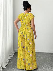 Elenzga 大码女式V领收腰休闲度假风杏色印花连体裤 - 黃色 - 查看 2