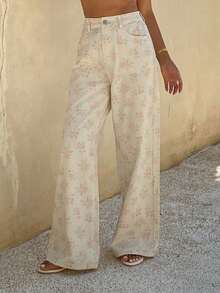 DAZY 女士碎花宽松阔腿牛仔裤，浪漫度假海滩风，春夏款 - 白色 - 查看 4