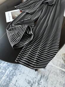 SHEIN 儿童/青少年女孩针织条纹圆领短袖修身T恤和配套打底裤套装，休闲百搭灰色条纹 - 深灰色 - 查看 7