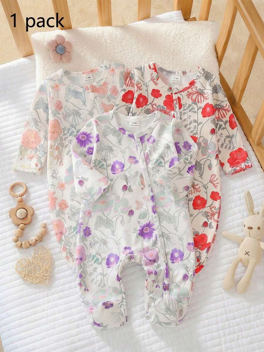 SHEIN 新生女宝宝可爱蝴蝶结印花针织柔软休闲圆领长袖连体衣套装,含裤子,柔软舒适,适合情人节服装和礼物 - 淡紫色 - 查看 1