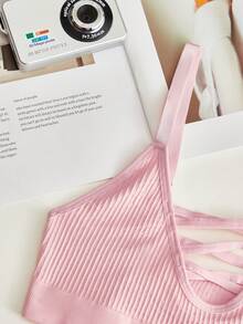 Peach Pink Seamless Camisole Bra For Women, Wireless Spaghetti Strap - Baby Pink - View 3