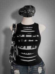 SHEIN ICON 大码极简印花圆领无袖背心 - 黑色 - 查看 4