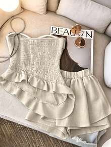 GlowEve CURVE Plus Size Women's Early Spring Blue Casual Cotton Linen Blend Faux Denim Ruffle Hem Tube Top & Pants 2-Piece Set - Apricot - View 2
