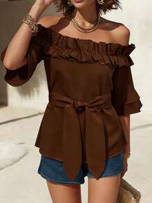 EMERY ROSE Chocolate Brown Off-Shoulder Ruffle Trim Casual Romantic Blouse For Women Vacation Summer - Coffee Brown - View 3