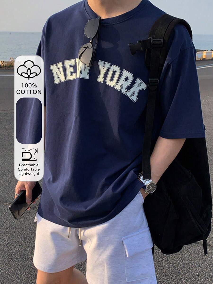 DAZY Playera gráfica con carta escolar para hombre con hombros caídos - Azul Marino - Ver 1