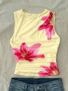SHEIN Áo tank top và áo camisole cho bé gái tuổi teen màu vàng, kiểu dáng ngọt ngào và mát mẻ, họa tiết hoa, ôm sát, thích hợp cho mùa xuân, hè, kỳ nghỉ, đi biển, phong cách nhiệt đới, họa tiết hoa phù hợp cho bé gái, mọi mùa. - Màu vàng - Xem 3