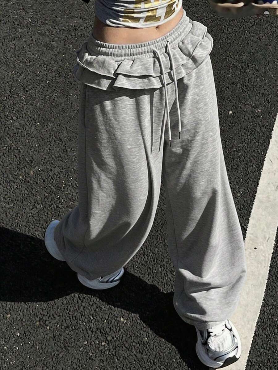 DAZY Pantaloni casual da donna in colore unito, con pieghe morbide, adatti per la primavera - Grigio - Visualizzare 1