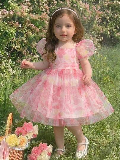 Vestido de princesa de manga corta con malla y estampado floral, elegante y lindo para bebé niña