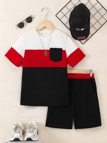Vacaura 2pcs/Set Boys' Casual Colorblock Round Neck T-Shirt Set, Comfortable And Fashionable For Daily, School, Sports Wear - Red - View 4